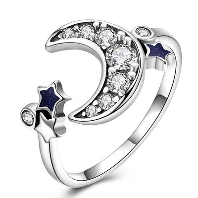 Sierlijk Ster en Crescent Moon Open Ring 925 Sterling Silver For Women Teen-Meisjes Crystal Eternity Rings
