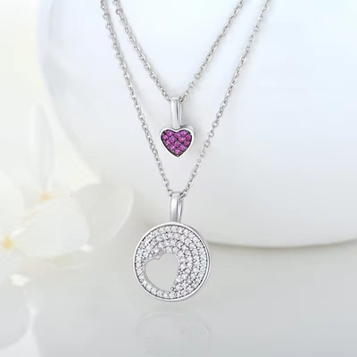 YASVITTI Groothandel Rhodium Plated 925 Sterling Silver Zircon Juwelen Op maat Romantic Pink Heart Bling Charm Ketting