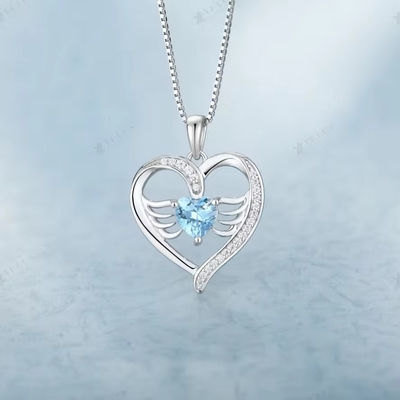 YASVITTI 925 Sterling Silver Heart Topaz &amp; Cubic Zirconia Angel Wing Pendant Necklace Romantische sieraden voor vrouwen