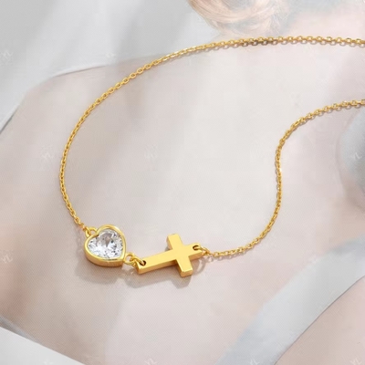 YASVITTI Bezel Heart Cubic Zirconia Necklace 925 Zilver Classic Cross Plain Necklace 18K Gold Plated Wholesale Factory