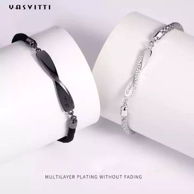8.7in 7g Sterling Silver Jewelry Bracelets 3A CZ Zwarte Koordarmband