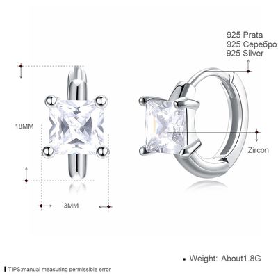 1.2cm 316L SS Vierkante Zirkoonoorringen 3A CZ Sterling Silver Stud Earrings
