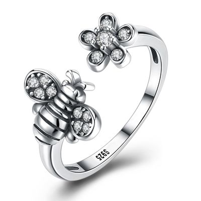 Sterling Silver 925 de Regelbare Ring van de Bijen Leuke Bloem