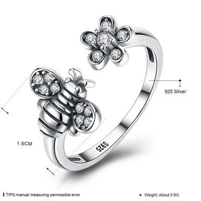 Sterling Silver 925 de Regelbare Ring van de Bijen Leuke Bloem